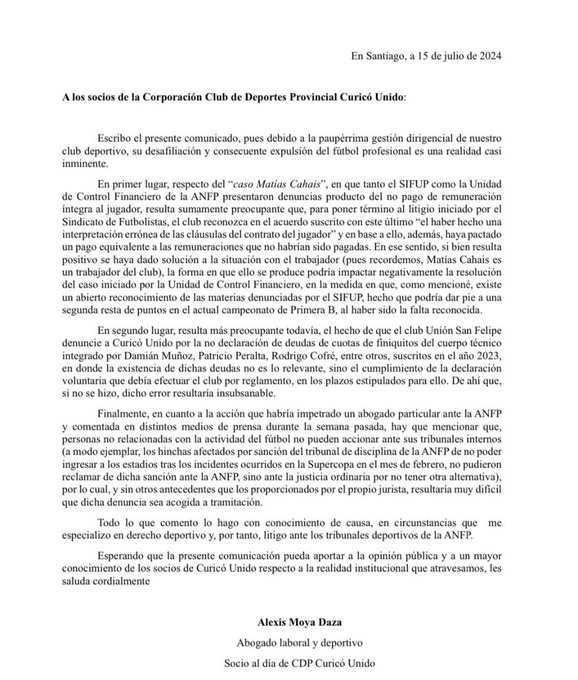 Comunicado Curico Unido
