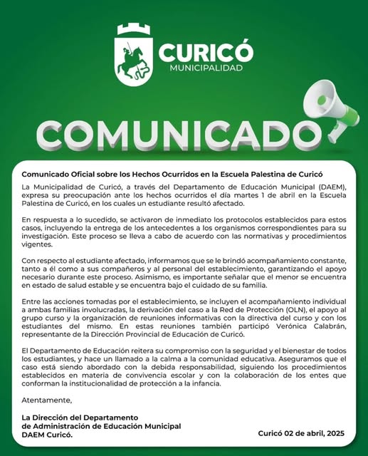 DAEM de Curicó activa protocolos tras agresión a estudiante en la Escuela Palestina 2 488732202 1061461922682359 1475478405121817991 n