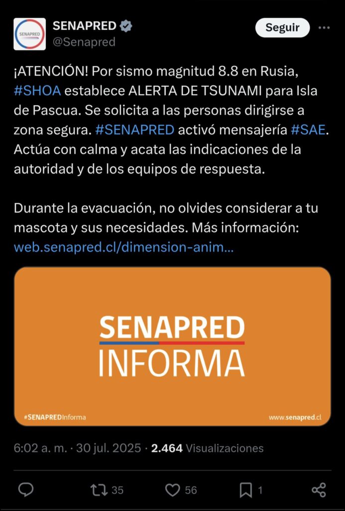 Alerta de tsunami para Rapa Nui: Senapred activa evacuación tras fuerte sismo en Rusia 2 525244381 1385416989236870 4638835558606363879 n